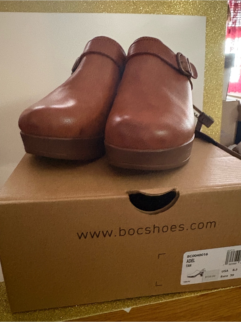 B.O.C. Tan Leather Clog Mules With Adjustable Buckle